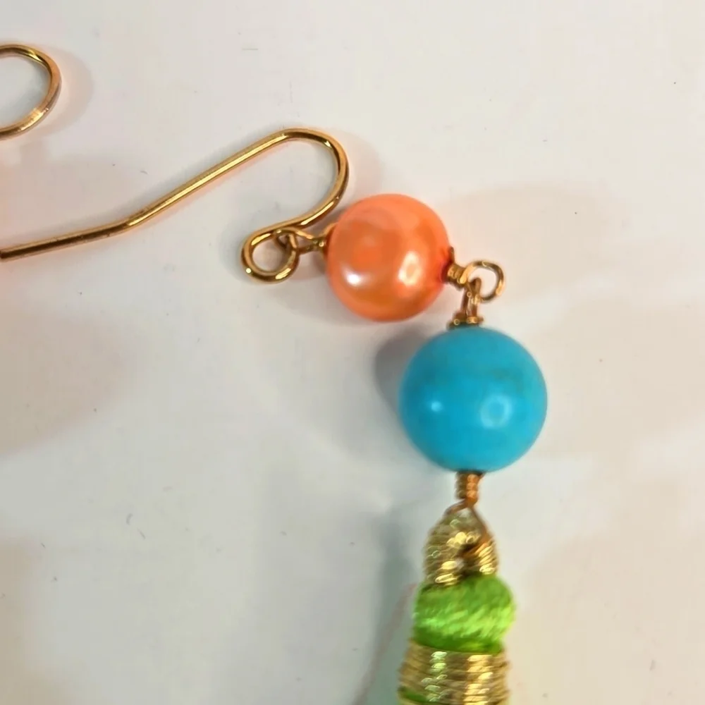 NWT icandi Artisan Boho Vibrant Earrings Green Tassel Turquoise Orange Pearl